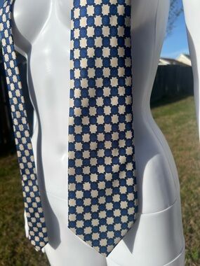 ROCHAS Silk Tie Made In Paris Beige Blue Navy Geometric Monogram